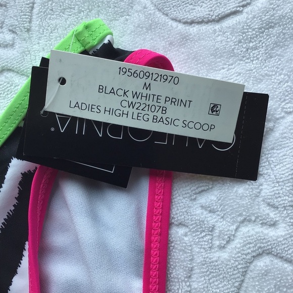 California Waves Zebra Print Neon Trim High Leg Bikini Bottom - Size Medium - Picture 3 of 4